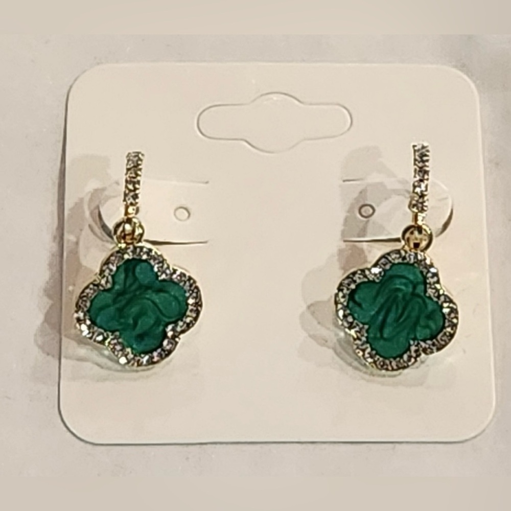 Jade Gold Coated Clover Drop Earrings - Picture 2 of 5